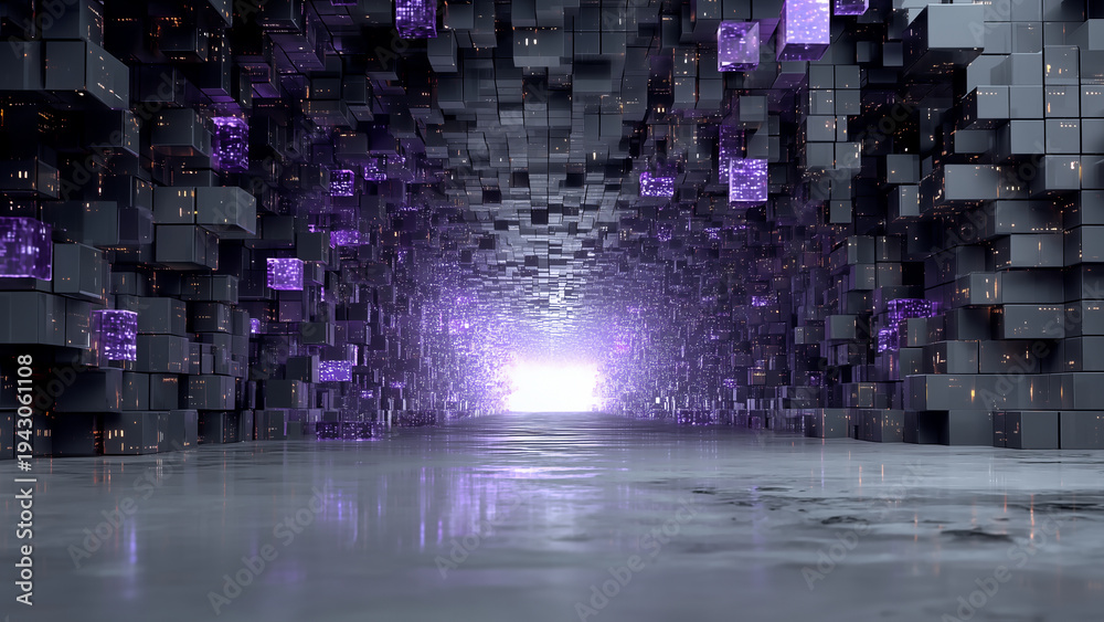 Fototapeta premium 霧がかった紫の空間に浮かぶ立方体と中心で輝く光のゲート背景