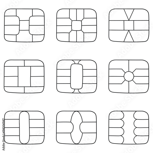 Hand-drawn doodle set of EMV chips on a white background.