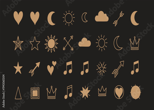 Collection of celestial music and royal symbols in gold on black background