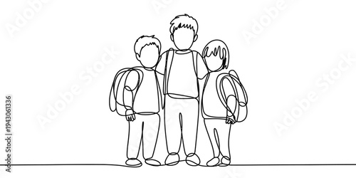 Continuous one line drawing father with children school family concept