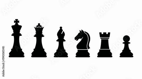 Vector chess pieces icons set king queen rook bishop knight pawn battle board arrangement silhouette design educational branding modular black white strategy illustration collection