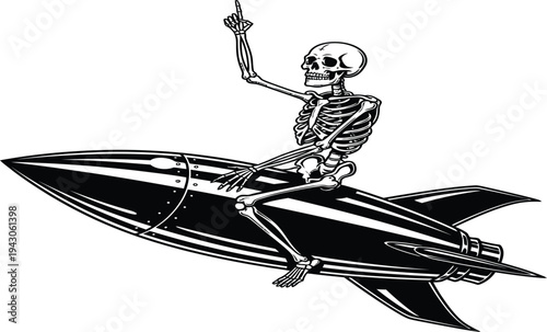 Skeleton riding a rocket ship with a joyful expression