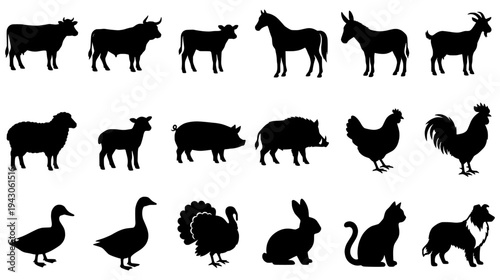Black farm animal silhouettes set including cow horse pig goat sheep and poultry for agriculture design