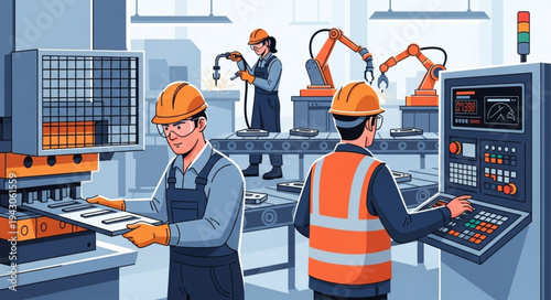 Industrial Workers Operating Machinery Factory.