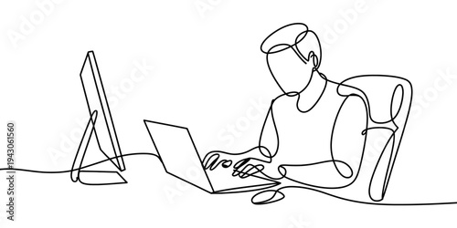 Continuous one line drawing man working computer office desk