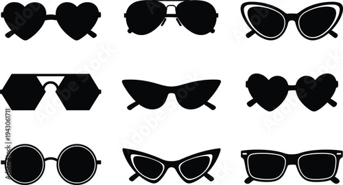 Black silhouette set of various fashion sunglasses icons including heart shaped aviator cat eye and round frames for summer style