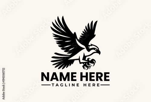 A black vector illustration of an eagle logo with outstretched wings grasping a branch, positioned above placeholder text on a beige background.