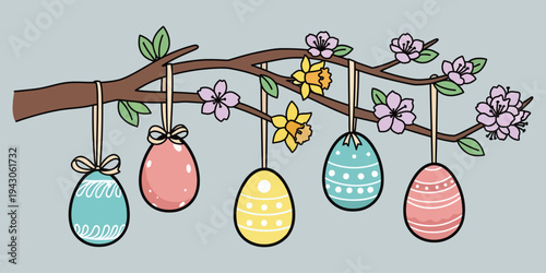 Easter day vector illustration of colorful eggs hanging from a blossoming tree branch