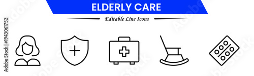 Elderly icon set. elderly care, pension, vision loss, and more. line icon style. old age element vector illustration
