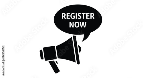 Black silhouette of a megaphone with a register now speech bubble