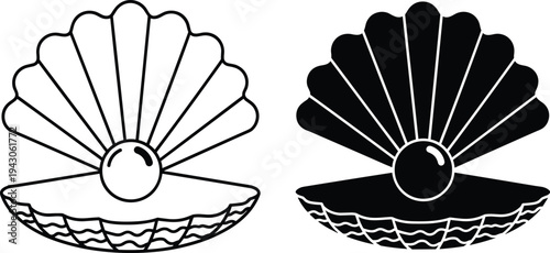 Line art and black silhouette of open scallop seashell with a shining pearl inside isolated on white background for luxury