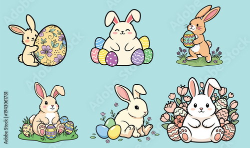 Easter day vector illustrations of adorable bunnies and eggs