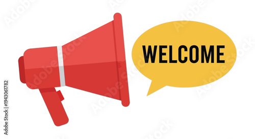 A red megaphone with a yellow speech bubble displaying the word welcome