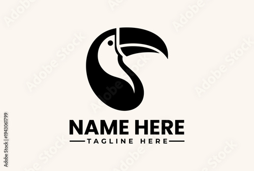 A minimalist logo featuring a stylized black and white toucan head on a clean background, with placeholder text for a business or brand name and tagline.