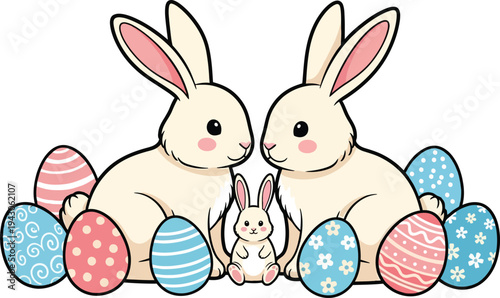 Easter day vector illustration of two bunnies and decorated eggs