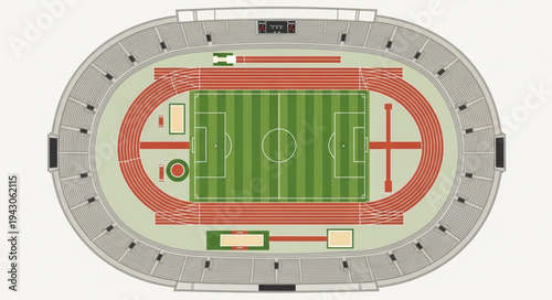Overhead View of a Stadium with Track and Field.
