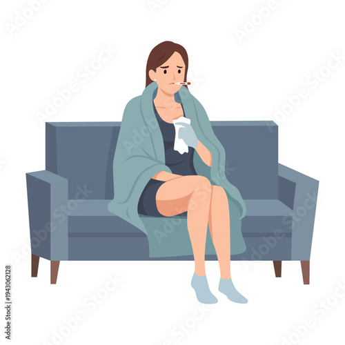 Sick Woman Sitting on Couch with Fever and Thermometer. Illness and Home Recovery. Flat vector illustration isolated on white background