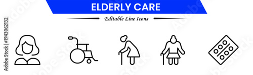 Elderly icon set. elderly care, pension, vision loss, and more. line icon style. old age element vector illustration