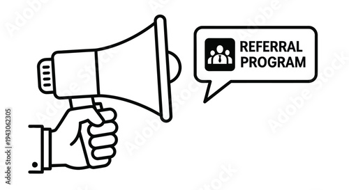 Black and white illustration of a hand holding a megaphone with a referral program message
