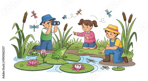 Illustration of diverse children exploring a wetland ecosystem with binoculars on World Wetlands Day near a serene river and tree