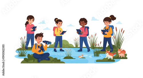 Diverse children explore World Wetlands Day with binoculars and tablets in a vibrant, educational outdoor setting near a river with lush vegetation