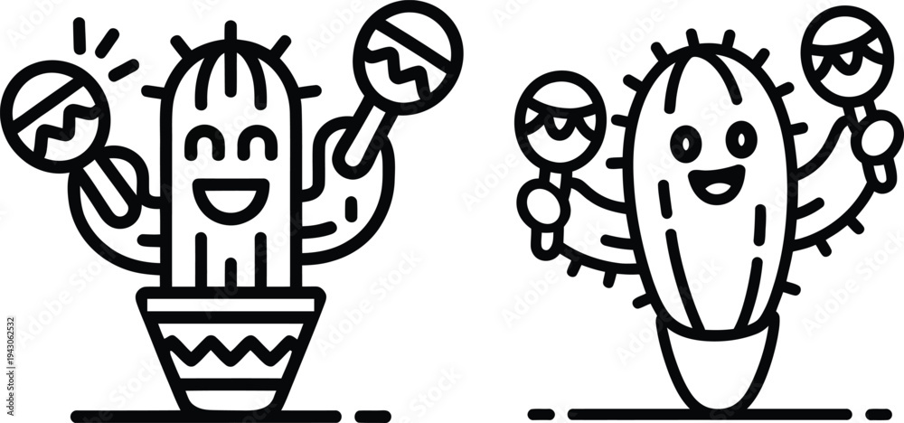 Naklejka premium Funny Dancing Cactus with Maracas Line Art Icons for Cinco de Mayo