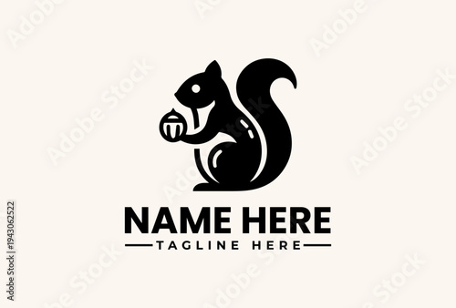 A black vector illustration of a squirrel logo holding an acorn, with placeholder text 'NAME HERE' and 'TAGLINE HERE' on a beige background.