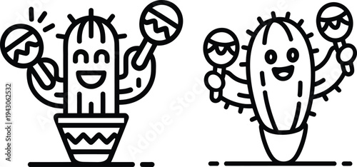 Funny Dancing Cactus with Maracas Line Art Icons for Cinco de Mayo