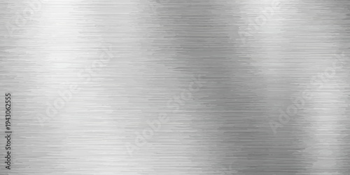 Industrial brushed metal plate texture featuring a shiny silver stainless steel surface with a seamless gray metallic pattern and subtle titanium reflections for a sleek aluminum material wallpaper