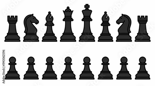 Vector chess pieces icons set king queen rook bishop knight pawn battle board arrangement silhouette design educational branding modular black white strategy illustration collection