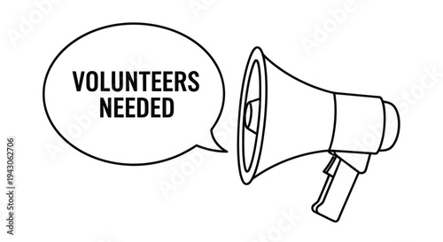 Black and white illustration of a megaphone with a volunteers needed message