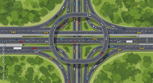 Aerial View of a Complex Highway Interchange with Traffic.