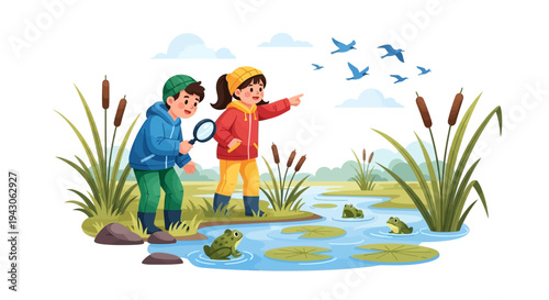 Illustration of diverse children exploring a wetland with binoculars and a magnifying glass on World Wetlands Day, surrounded by plants, frogs, and birds in a natural setting