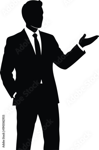 Black silhouette of man in business suit presenting with hand outstretched