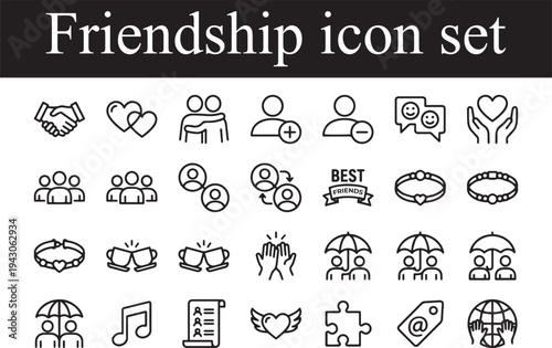 Friendship web icons in line style. Interaction, friend, relationship, mutual assistance, social responsibility, buddy, love, collection. Editable stroke. Vector illustration