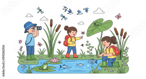 Diverse children explore a serene wetland ecosystem with binoculars and observation, surrounded by lush vegetation and wildlife on World Wetlands Day