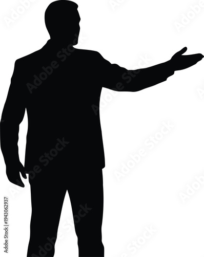 Black silhouette of man in business suit presenting or gesturing