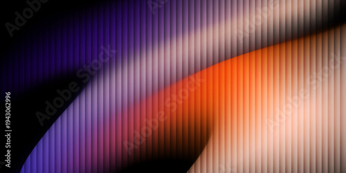 Glass texture with dark gradient background and vivid orange, purple, and white light streaks. ripple pattern, Futuristic distortion, abstract glow, reeded vertical blur Vector illustration