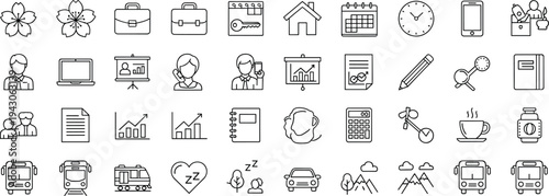 Set of line icons for business office management daily routine education travel and lifestyle including charts people coffee and transportation