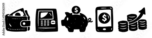 Set of hand-drawn financial icons in a black and white linocut style, featuring a wallet, ATM, piggy bank, mobile banking phone, and coin growth chart for business and savings concepts.