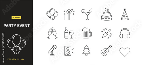 Party and event line icon set with editable stroke on white background