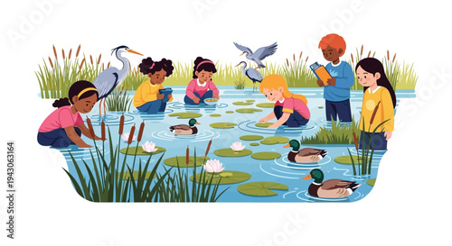 Diverse children explore a wetland with binoculars on World Wetlands Day, observing animals and nature in a fun educational setting
