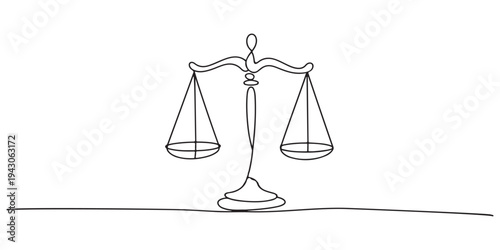 The continuation of a one-line drawing of law weights. The design is minimalist in style, and the scale is made of metal, Scales Continuous Line Art Drawing. Balance Concept One Line Illustration.