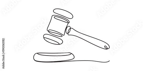 Judge hammer one continuous single line art drawing, One line drawing of judge hammer law symbol continuous hand drawn sketch.one line vector illustration with out background