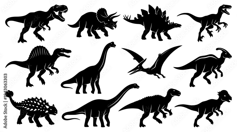 Obraz premium Collection of prehistoric dinosaur silhouettes including Tyrannosaurus Rex Triceratops Stegosaurus and Pterodactyl in dynamic poses