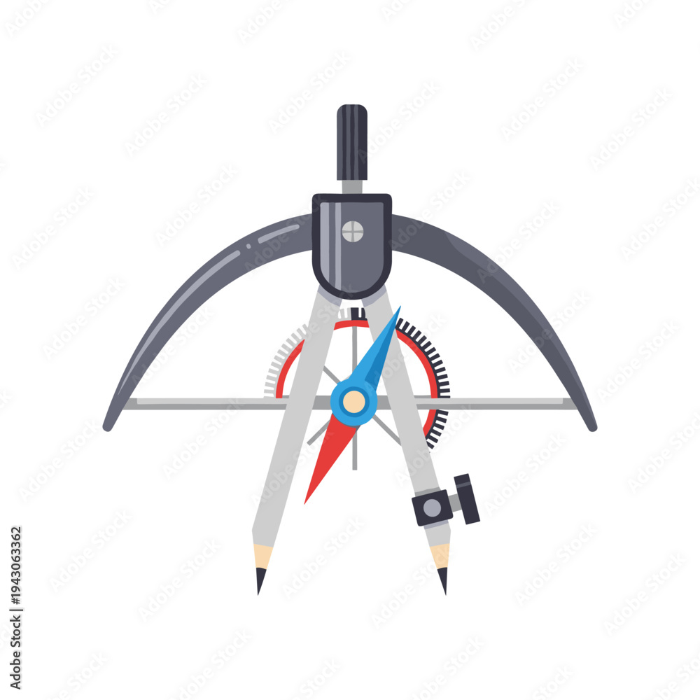 Obraz premium Geometric compass with protractor and pencils, drafting tool for drawing and architecture, precision instrument for engineering and design