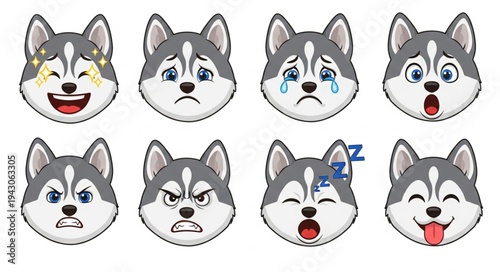 Set of Husky Dog Emoticons with Various Facial Expressions.