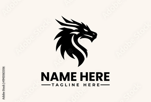 A black dragon logo with a name and tagline on a beige background, featuring a vector illustration of a mythical creature's head.
