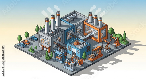 Isometric Factory Building with Industrial Equipment.