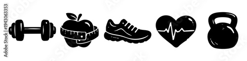 Fitness and health icon set featuring a dumbbell, apple with measuring tape, sneaker, heart with heartbeat line, and kettlebell. Minimalist black silhouettes isolated on a white background.